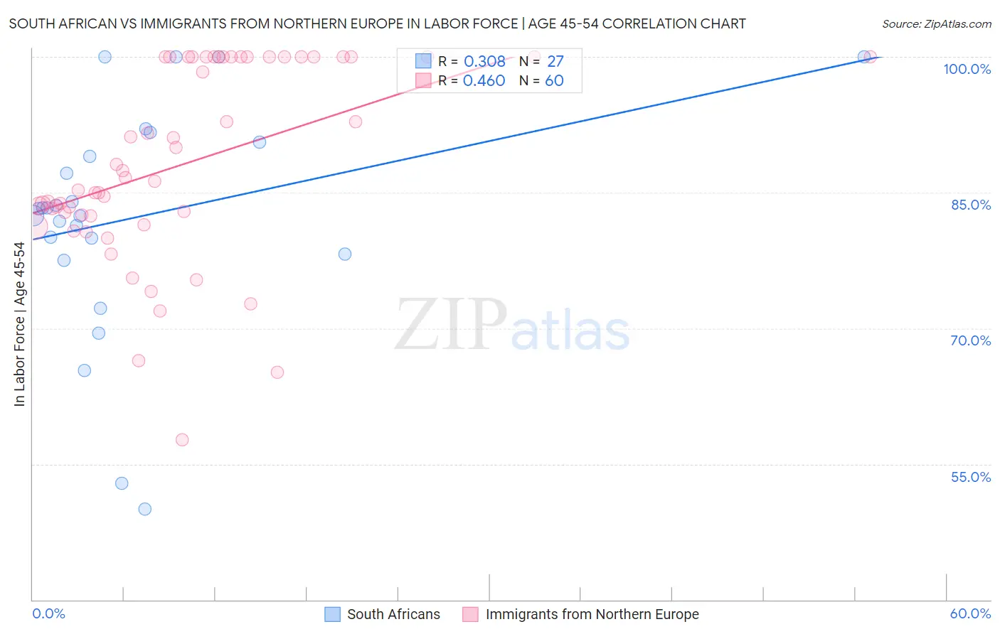 South African vs Immigrants from Northern Europe In Labor Force | Age 45-54