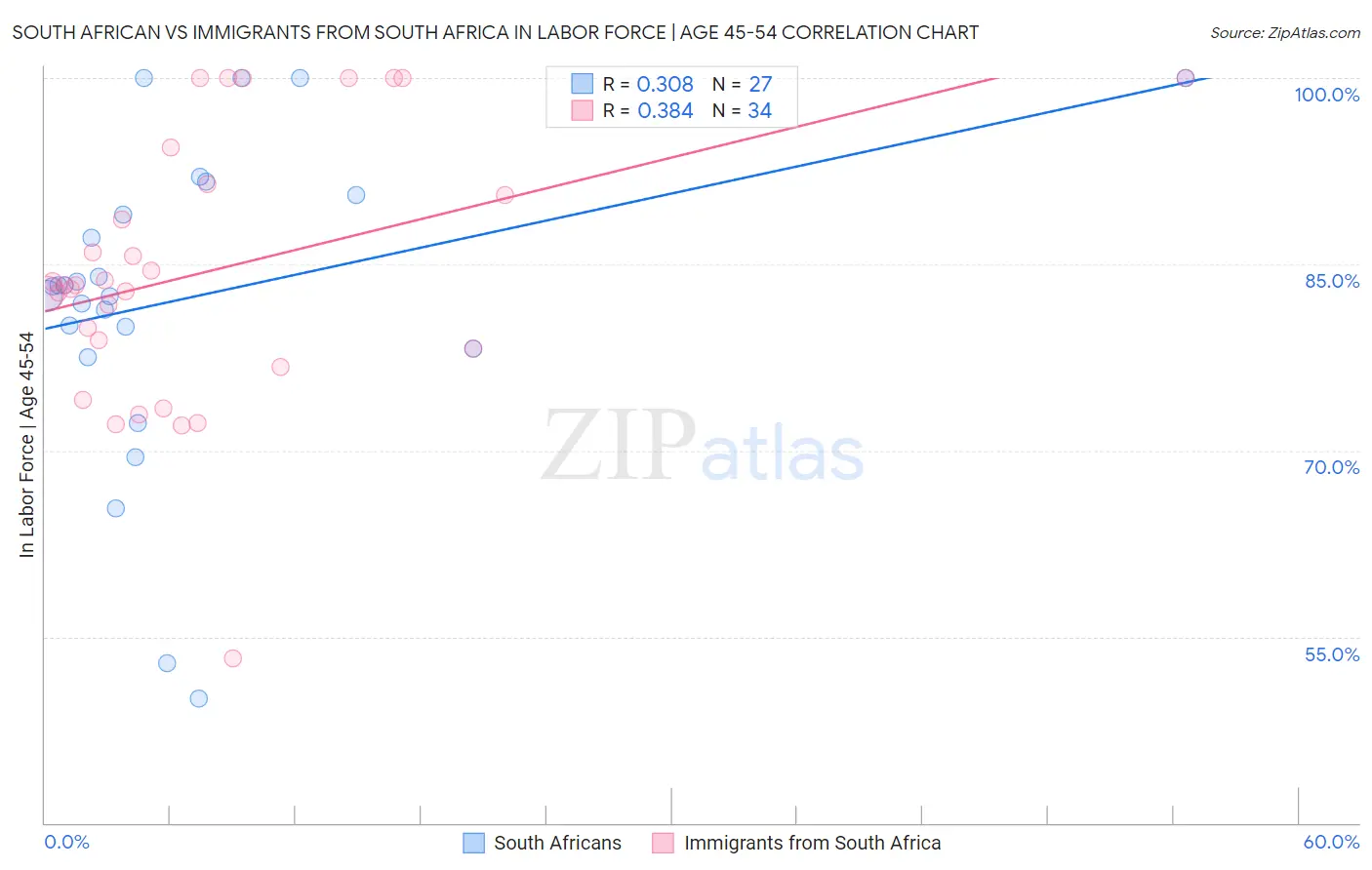 South African vs Immigrants from South Africa In Labor Force | Age 45-54