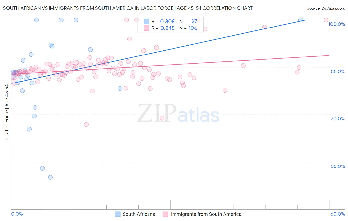 South African vs Immigrants from South America In Labor Force | Age 45-54