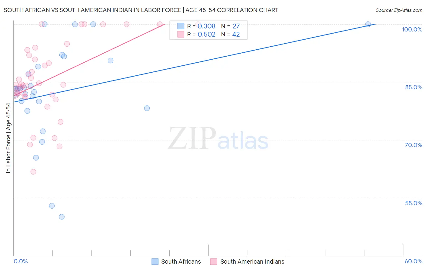 South African vs South American Indian In Labor Force | Age 45-54