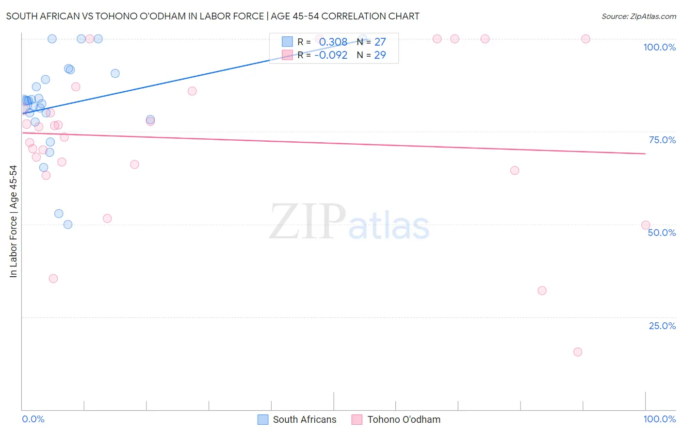 South African vs Tohono O'odham In Labor Force | Age 45-54