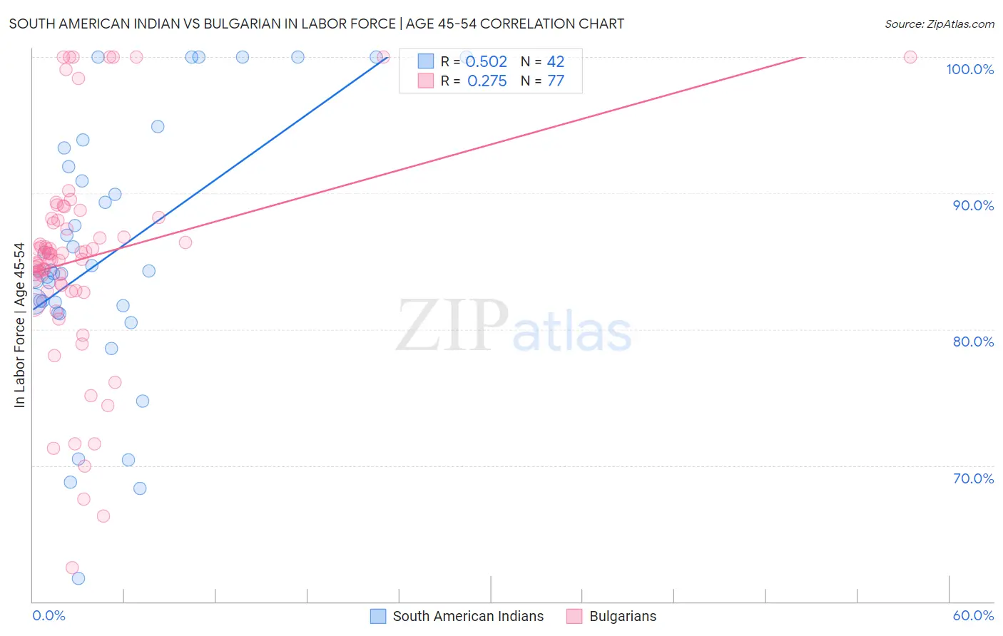 South American Indian vs Bulgarian In Labor Force | Age 45-54