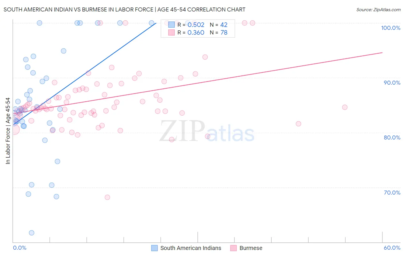 South American Indian vs Burmese In Labor Force | Age 45-54