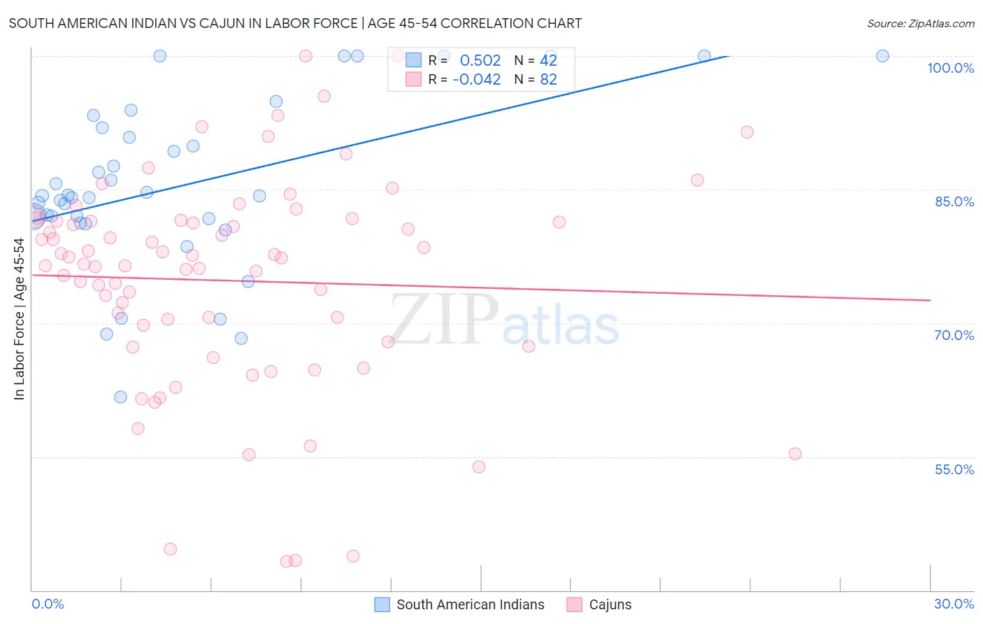 South American Indian vs Cajun In Labor Force | Age 45-54