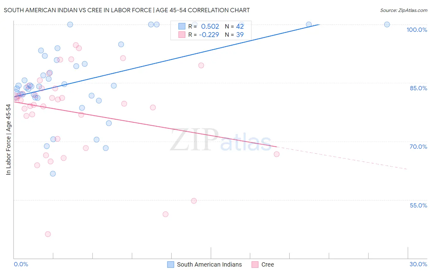 South American Indian vs Cree In Labor Force | Age 45-54