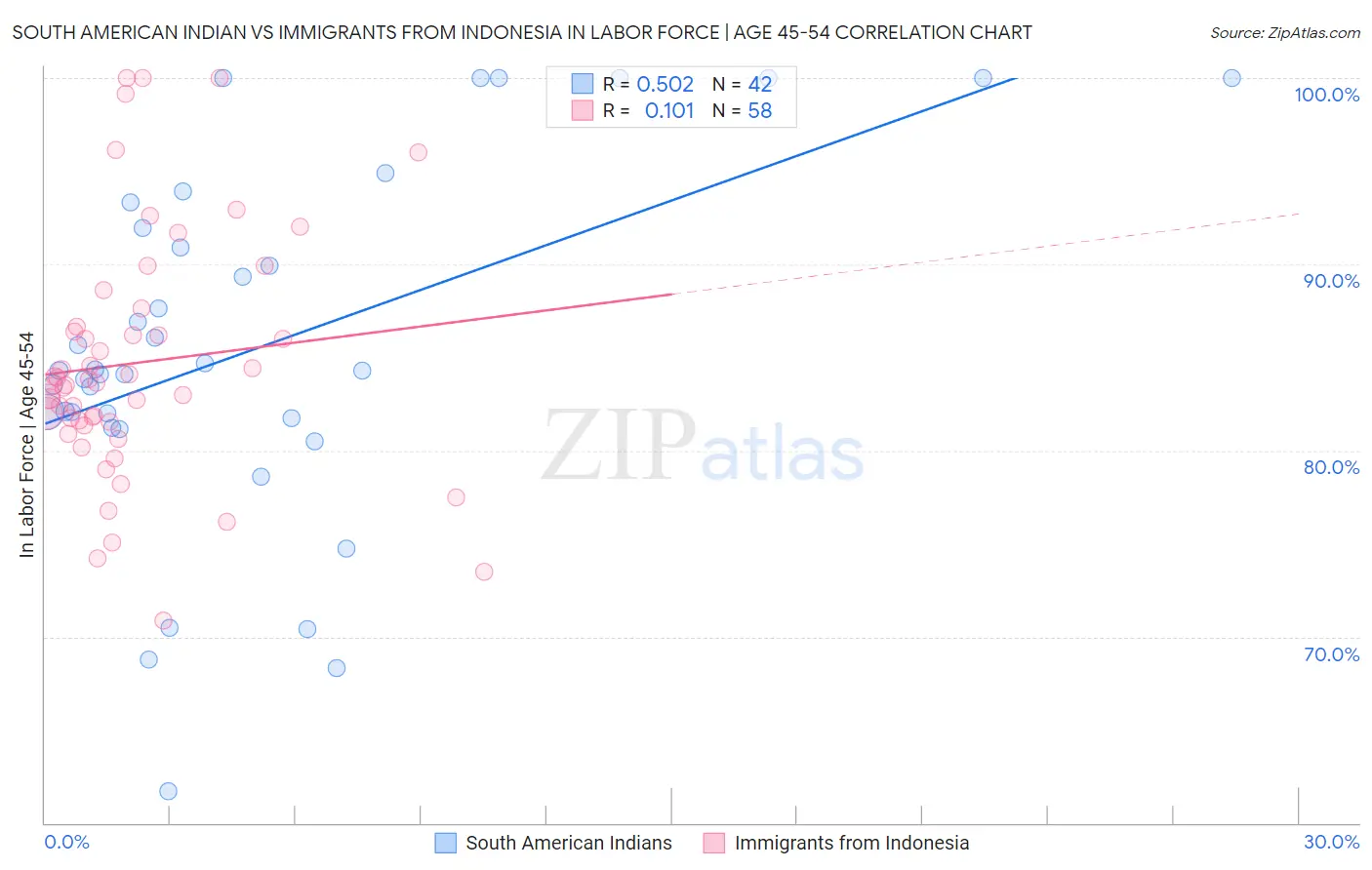 South American Indian vs Immigrants from Indonesia In Labor Force | Age 45-54