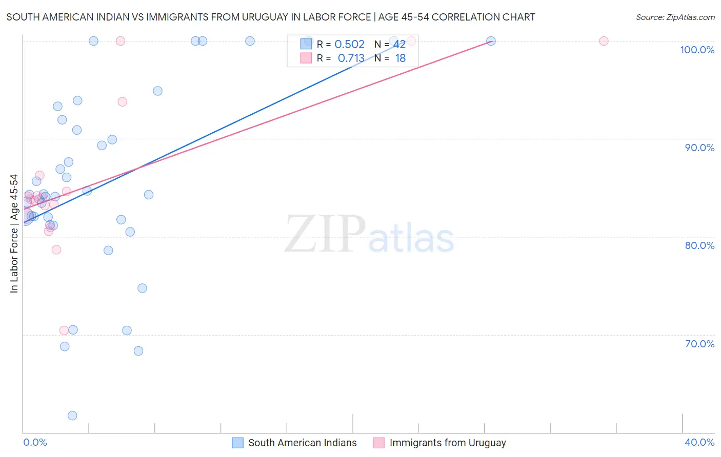 South American Indian vs Immigrants from Uruguay In Labor Force | Age 45-54