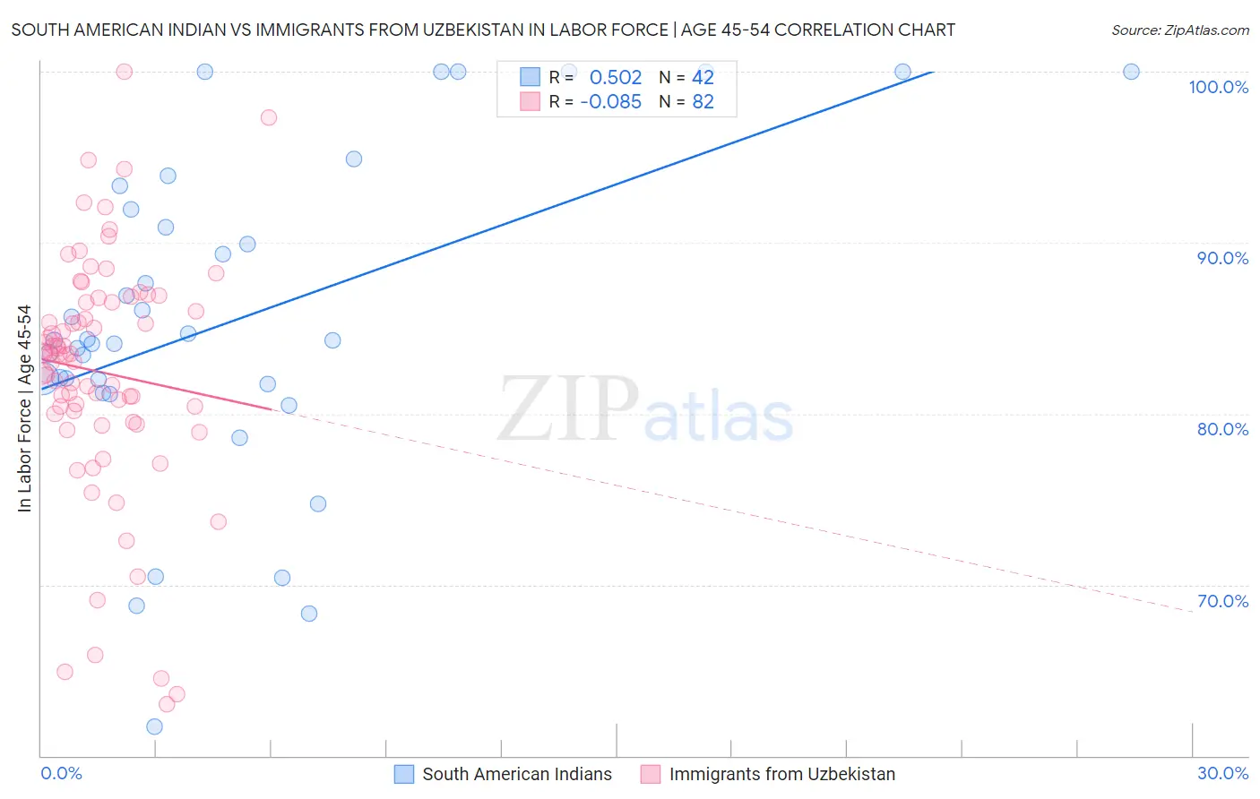 South American Indian vs Immigrants from Uzbekistan In Labor Force | Age 45-54