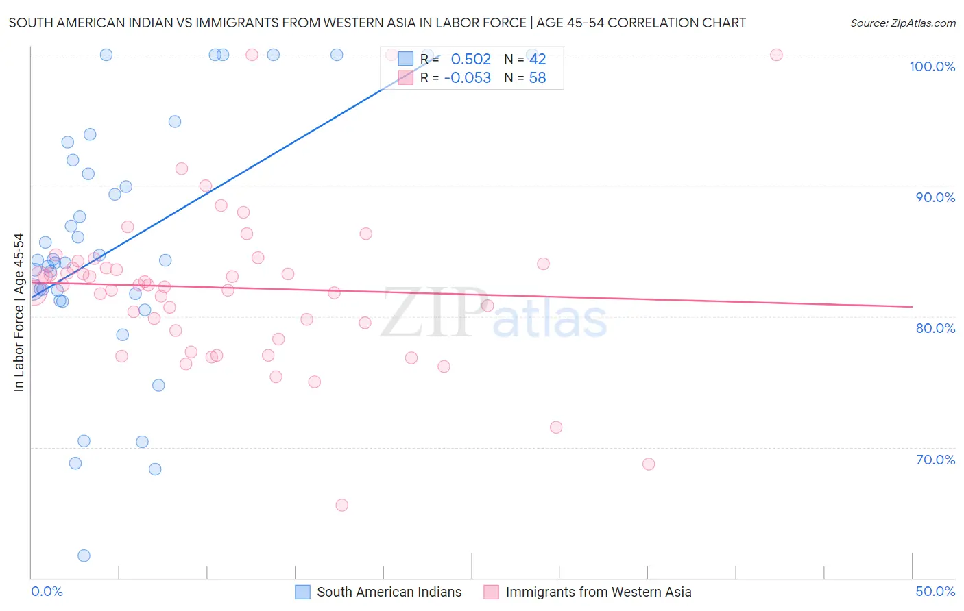 South American Indian vs Immigrants from Western Asia In Labor Force | Age 45-54