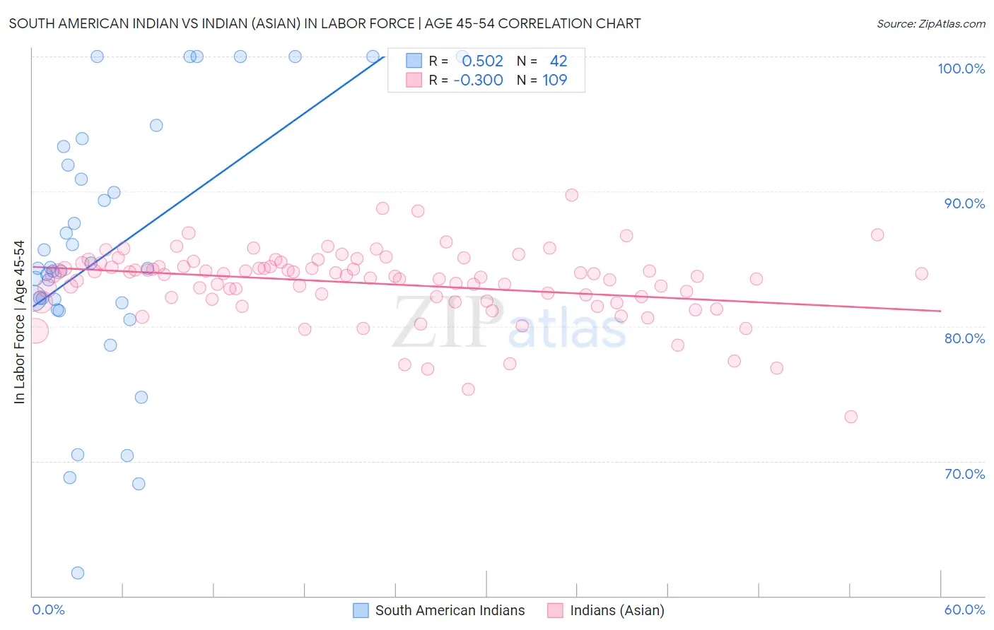 South American Indian vs Indian (Asian) In Labor Force | Age 45-54