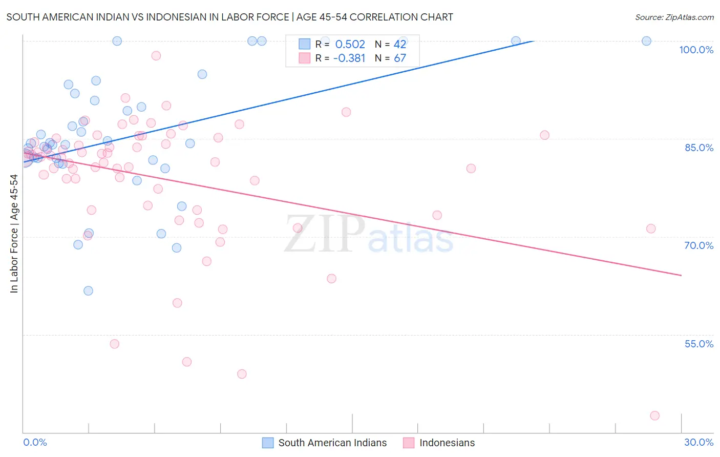 South American Indian vs Indonesian In Labor Force | Age 45-54