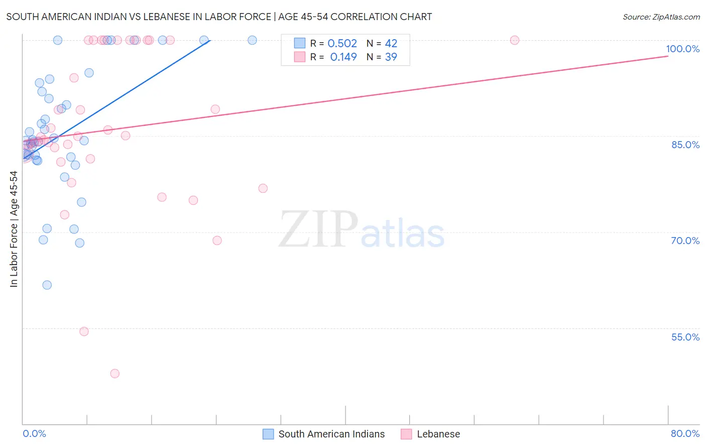 South American Indian vs Lebanese In Labor Force | Age 45-54