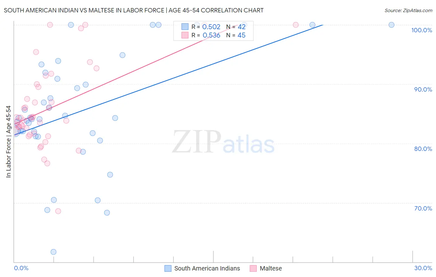 South American Indian vs Maltese In Labor Force | Age 45-54