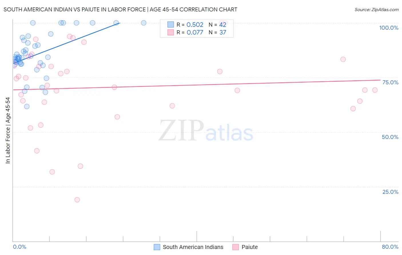 South American Indian vs Paiute In Labor Force | Age 45-54