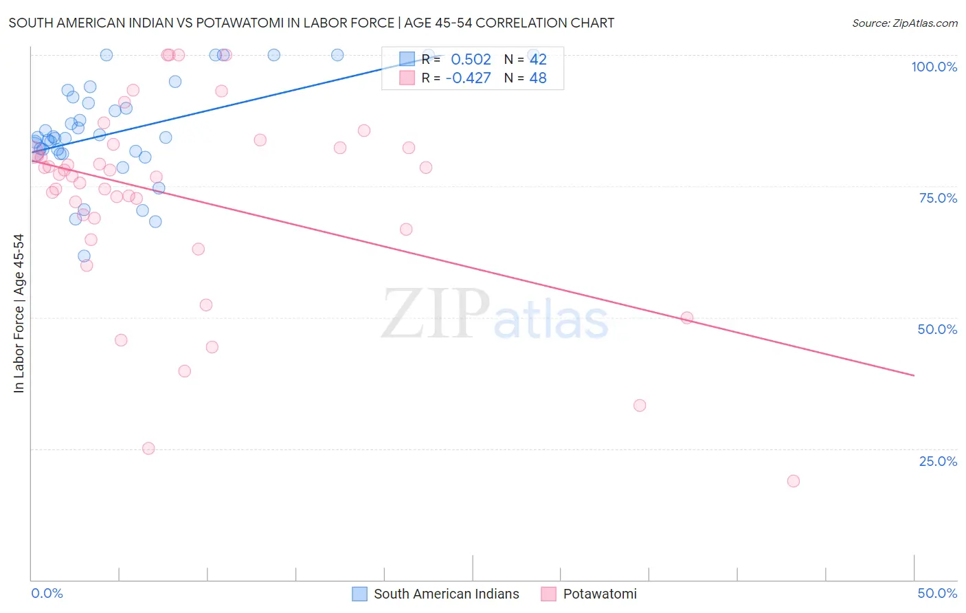South American Indian vs Potawatomi In Labor Force | Age 45-54