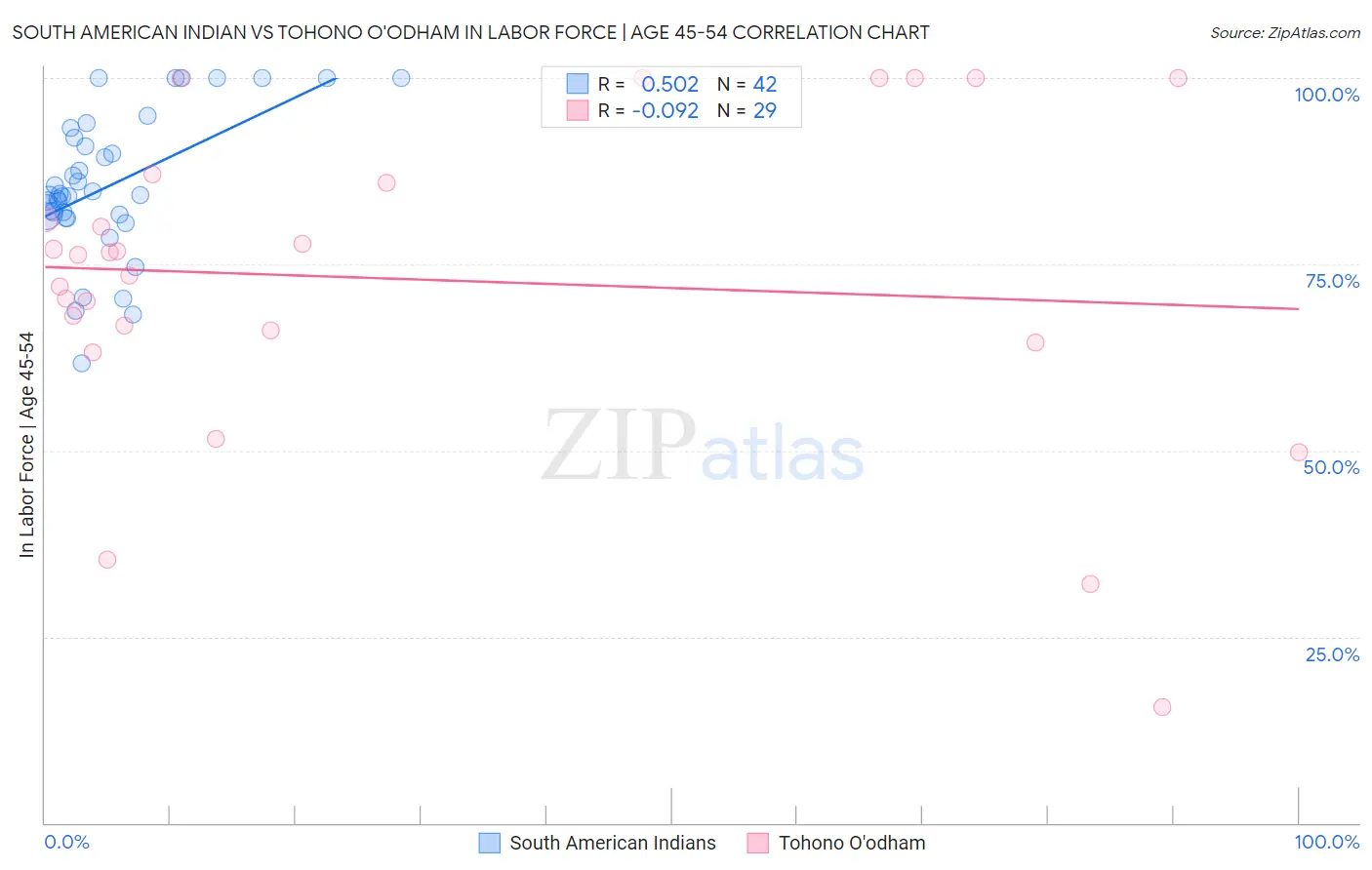 South American Indian vs Tohono O'odham In Labor Force | Age 45-54