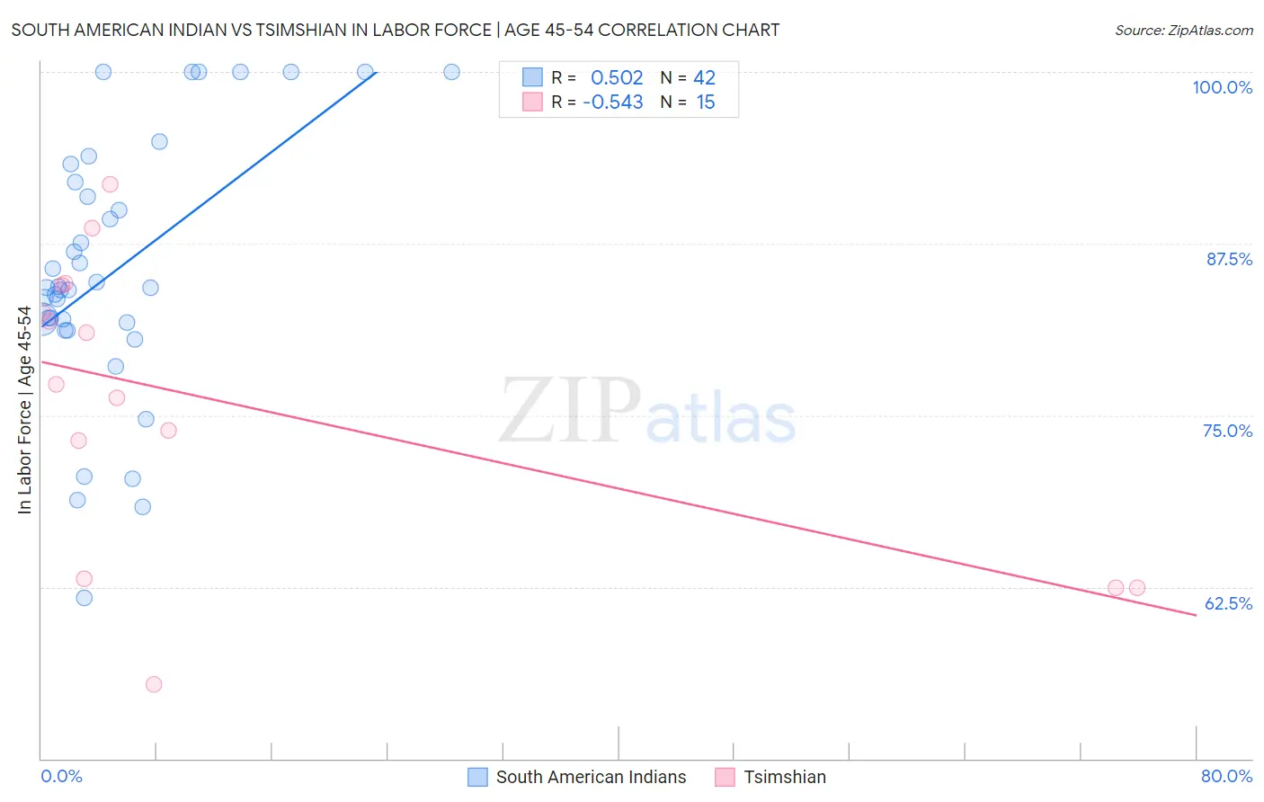 South American Indian vs Tsimshian In Labor Force | Age 45-54