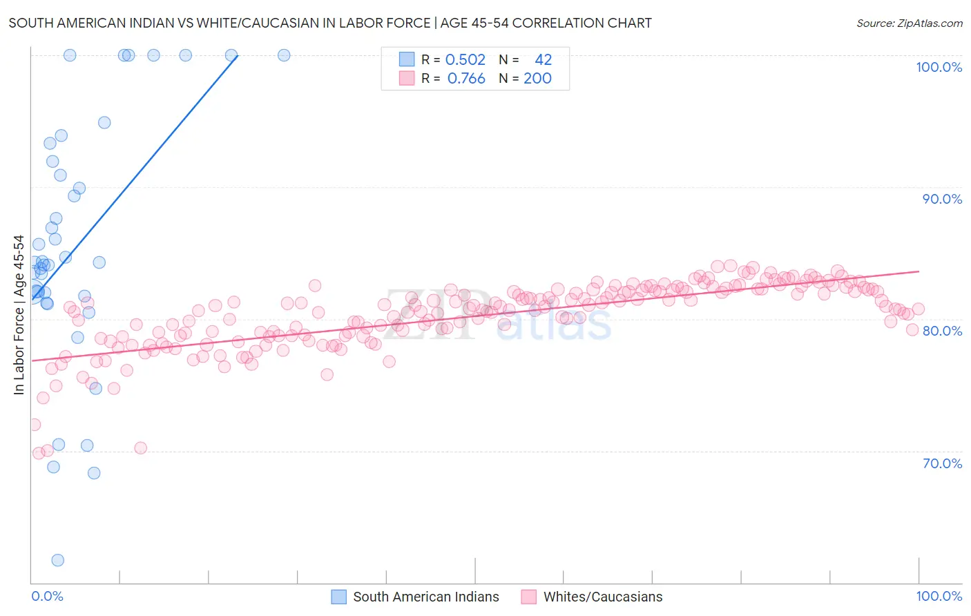 South American Indian vs White/Caucasian In Labor Force | Age 45-54