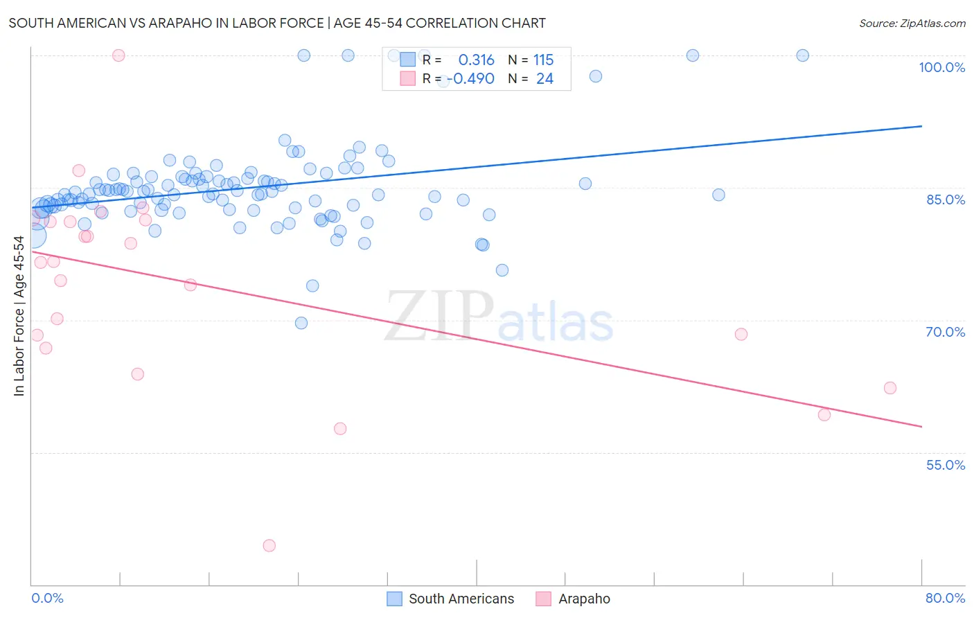 South American vs Arapaho In Labor Force | Age 45-54