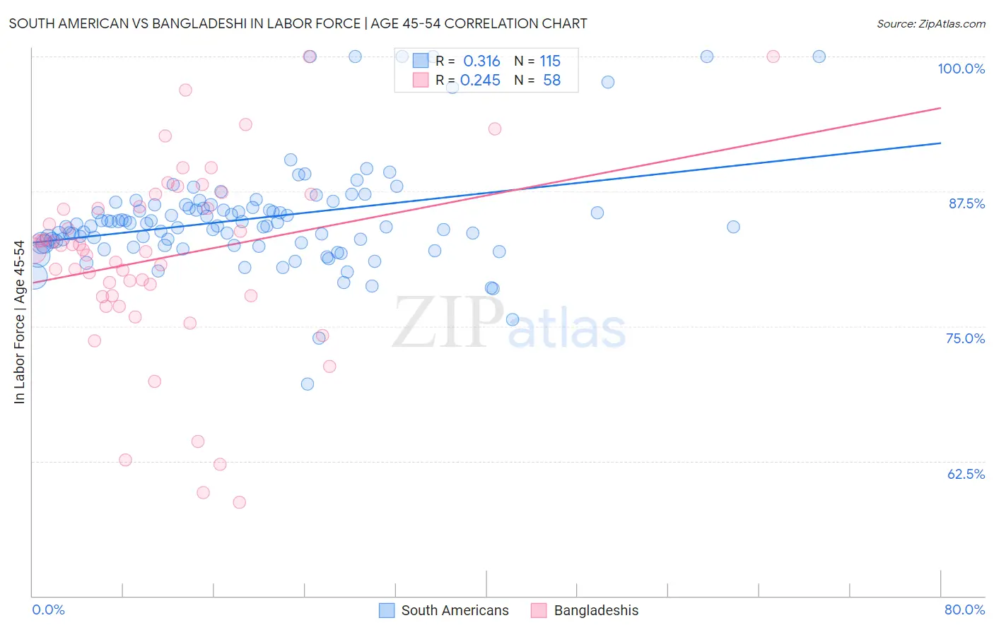 South American vs Bangladeshi In Labor Force | Age 45-54