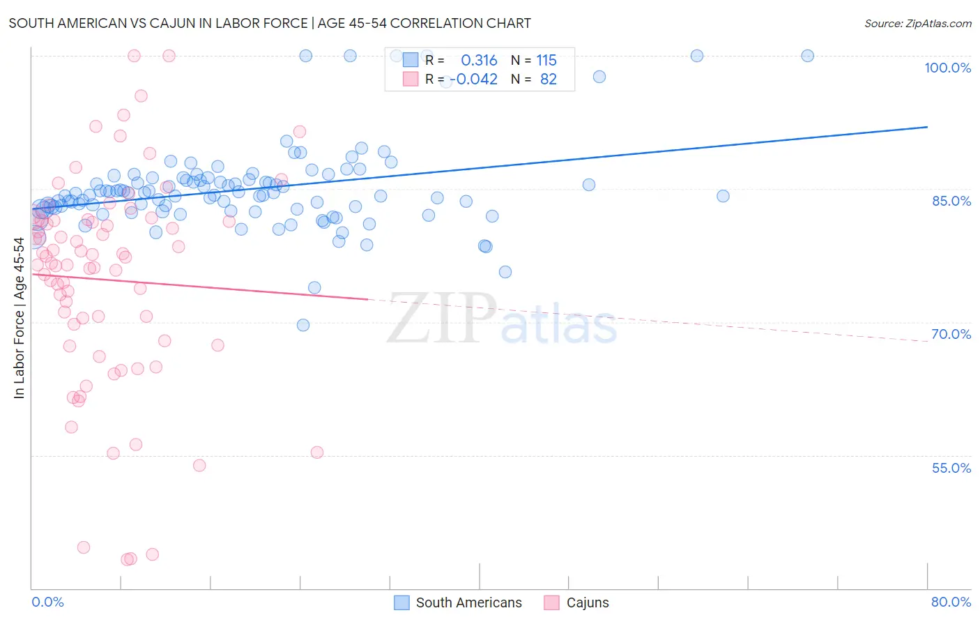South American vs Cajun In Labor Force | Age 45-54