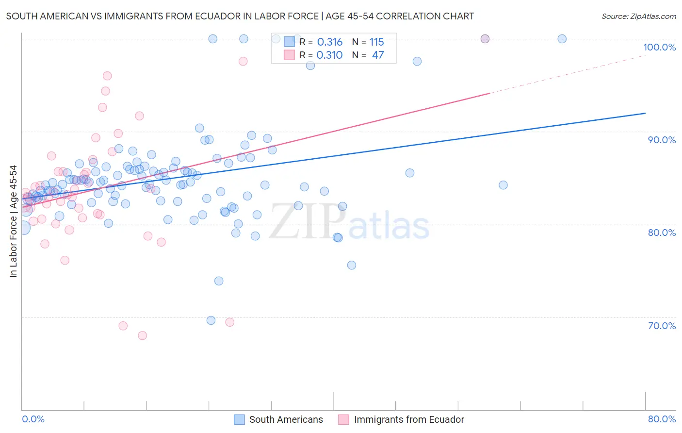 South American vs Immigrants from Ecuador In Labor Force | Age 45-54