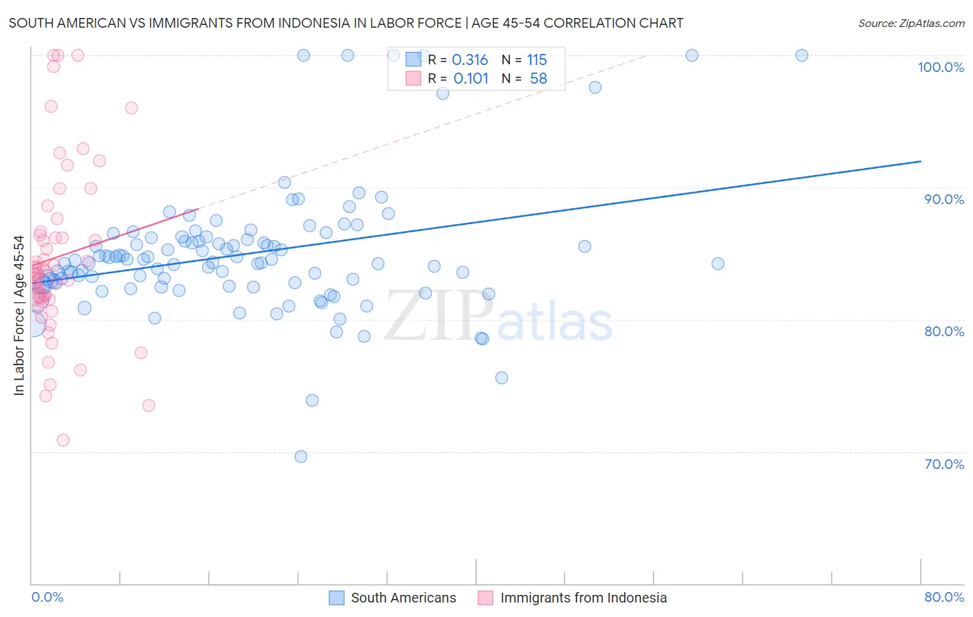 South American vs Immigrants from Indonesia In Labor Force | Age 45-54