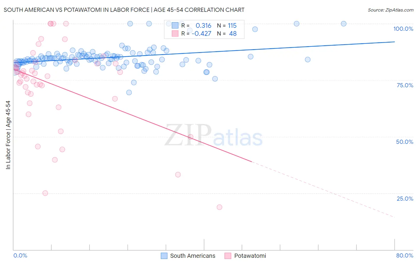 South American vs Potawatomi In Labor Force | Age 45-54