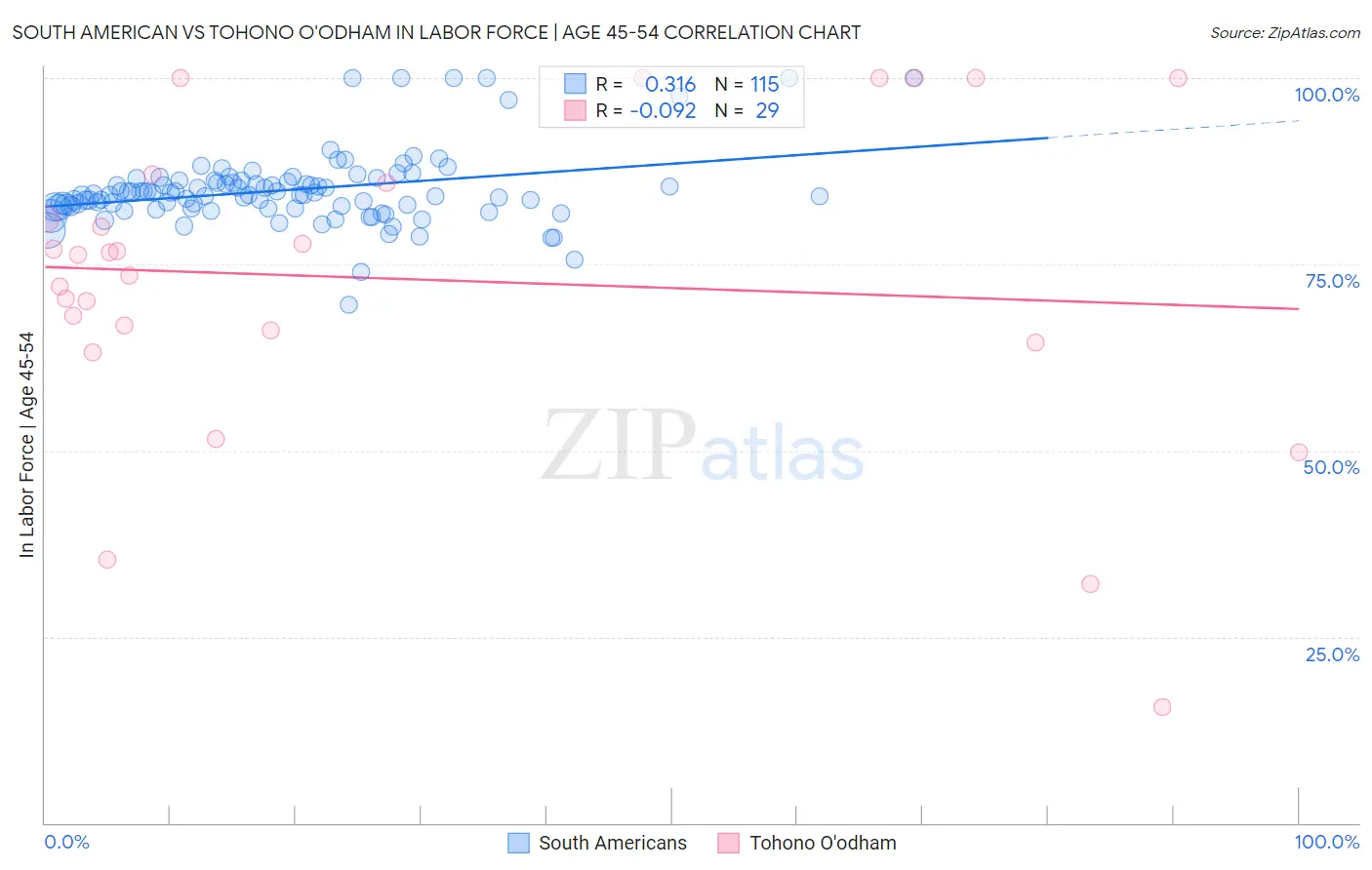 South American vs Tohono O'odham In Labor Force | Age 45-54