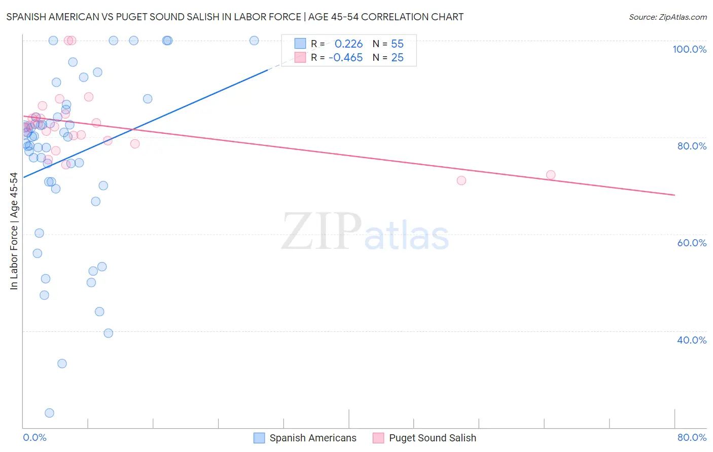 Spanish American vs Puget Sound Salish In Labor Force | Age 45-54