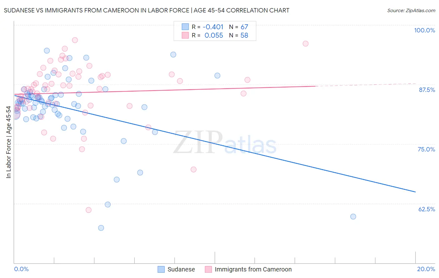 Sudanese vs Immigrants from Cameroon In Labor Force | Age 45-54