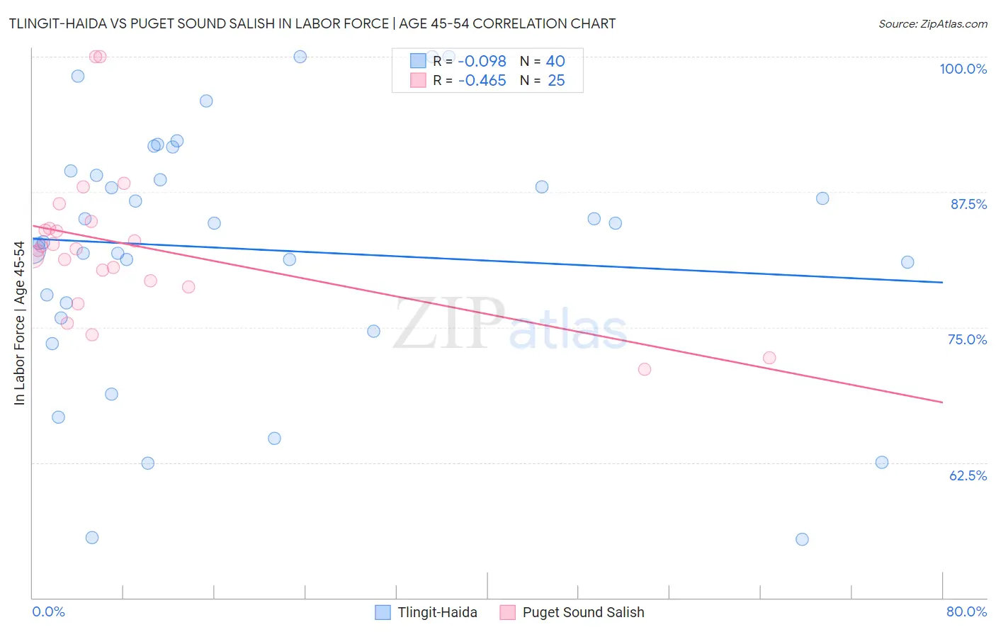 Tlingit-Haida vs Puget Sound Salish In Labor Force | Age 45-54