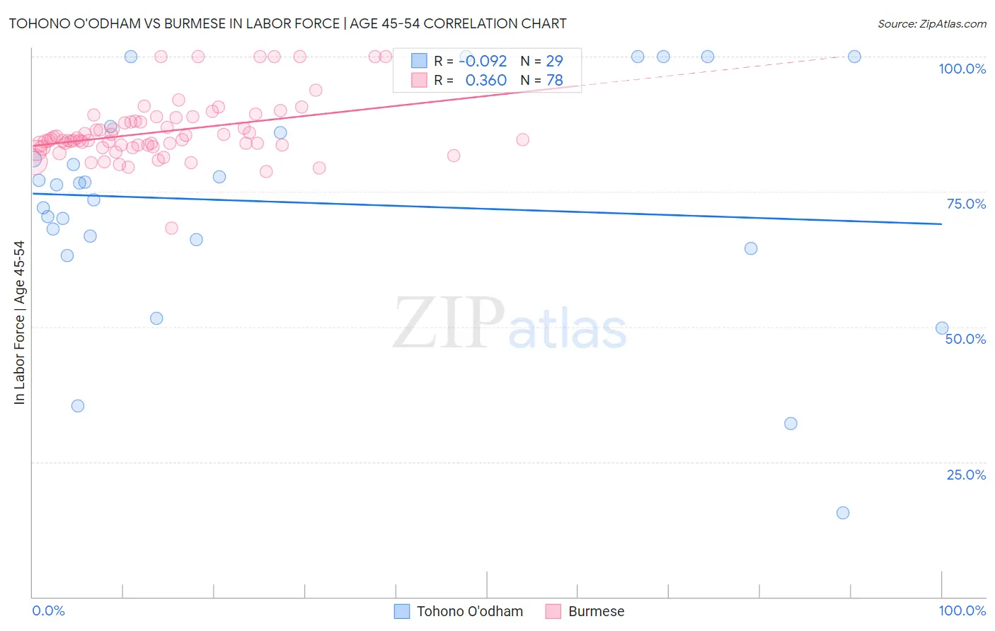 Tohono O'odham vs Burmese In Labor Force | Age 45-54