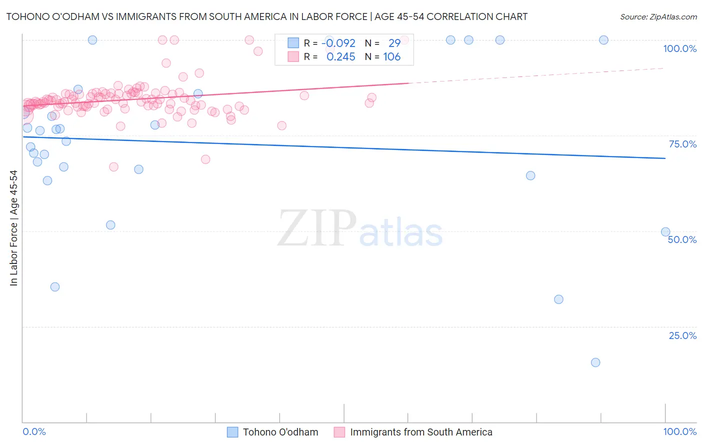 Tohono O'odham vs Immigrants from South America In Labor Force | Age 45-54