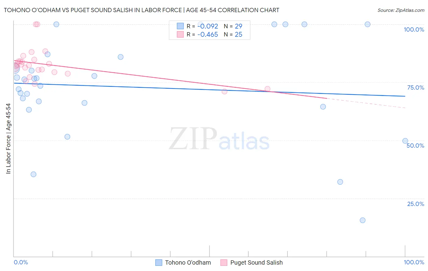 Tohono O'odham vs Puget Sound Salish In Labor Force | Age 45-54