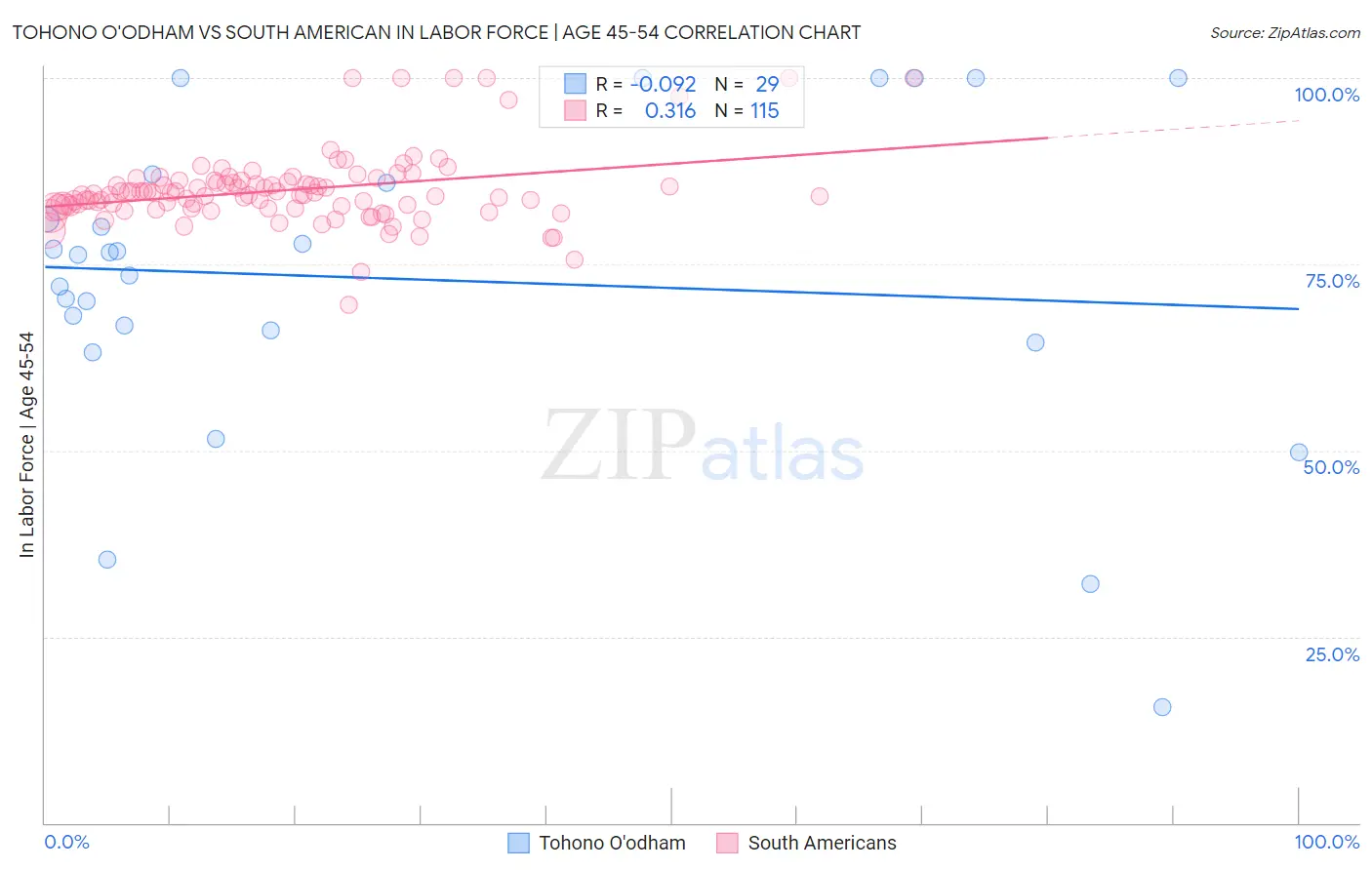 Tohono O'odham vs South American In Labor Force | Age 45-54