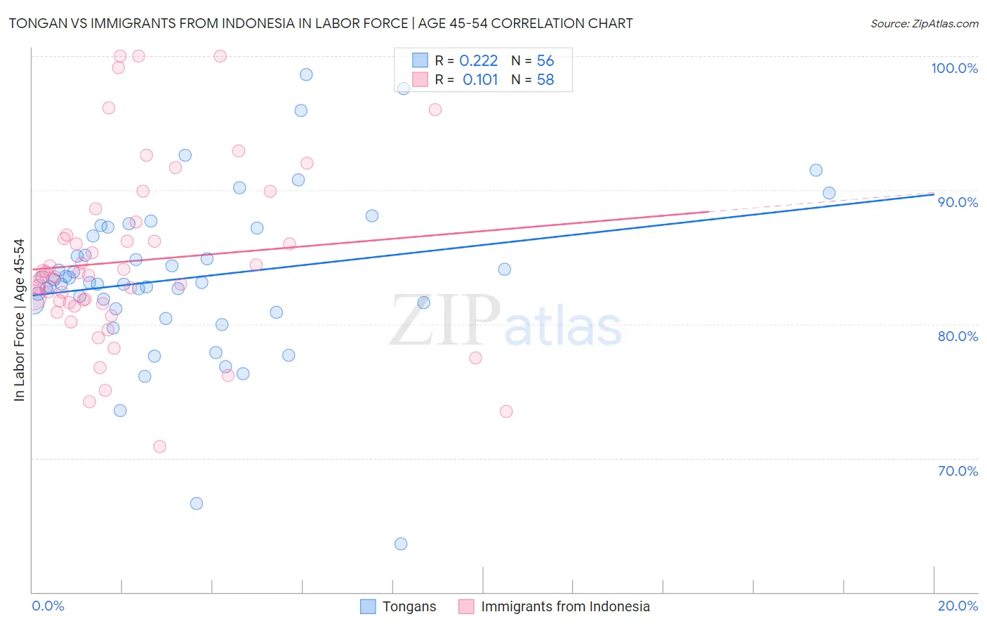 Tongan vs Immigrants from Indonesia In Labor Force | Age 45-54
