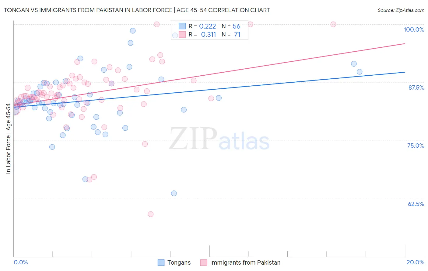 Tongan vs Immigrants from Pakistan In Labor Force | Age 45-54