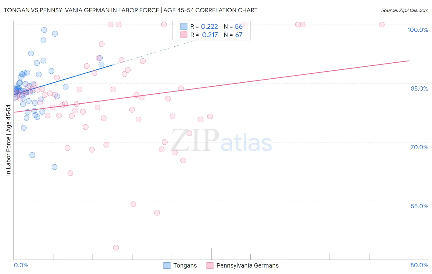Tongan vs Pennsylvania German In Labor Force | Age 45-54