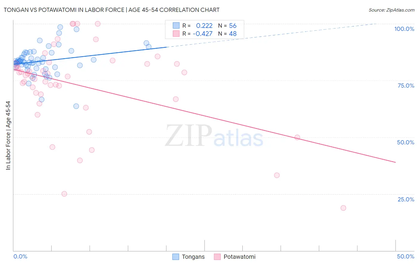 Tongan vs Potawatomi In Labor Force | Age 45-54