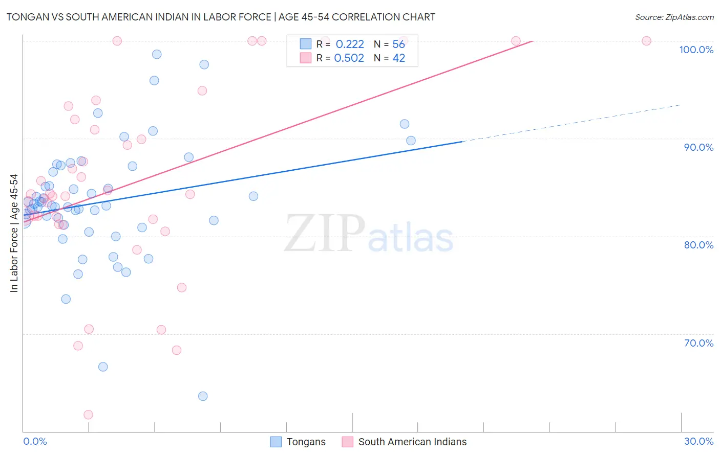 Tongan vs South American Indian In Labor Force | Age 45-54