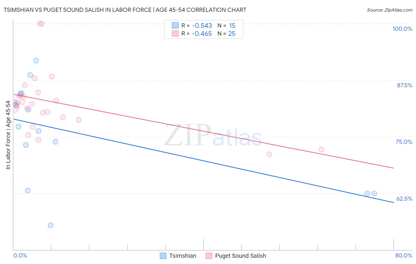 Tsimshian vs Puget Sound Salish In Labor Force | Age 45-54