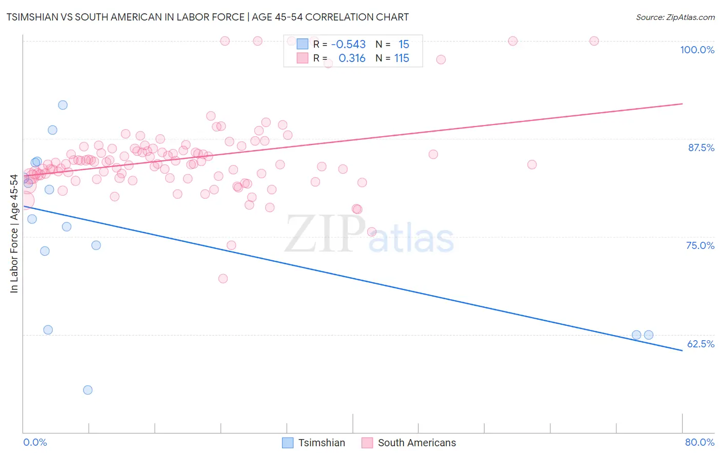 Tsimshian vs South American In Labor Force | Age 45-54