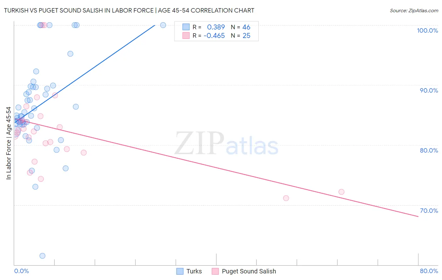 Turkish vs Puget Sound Salish In Labor Force | Age 45-54