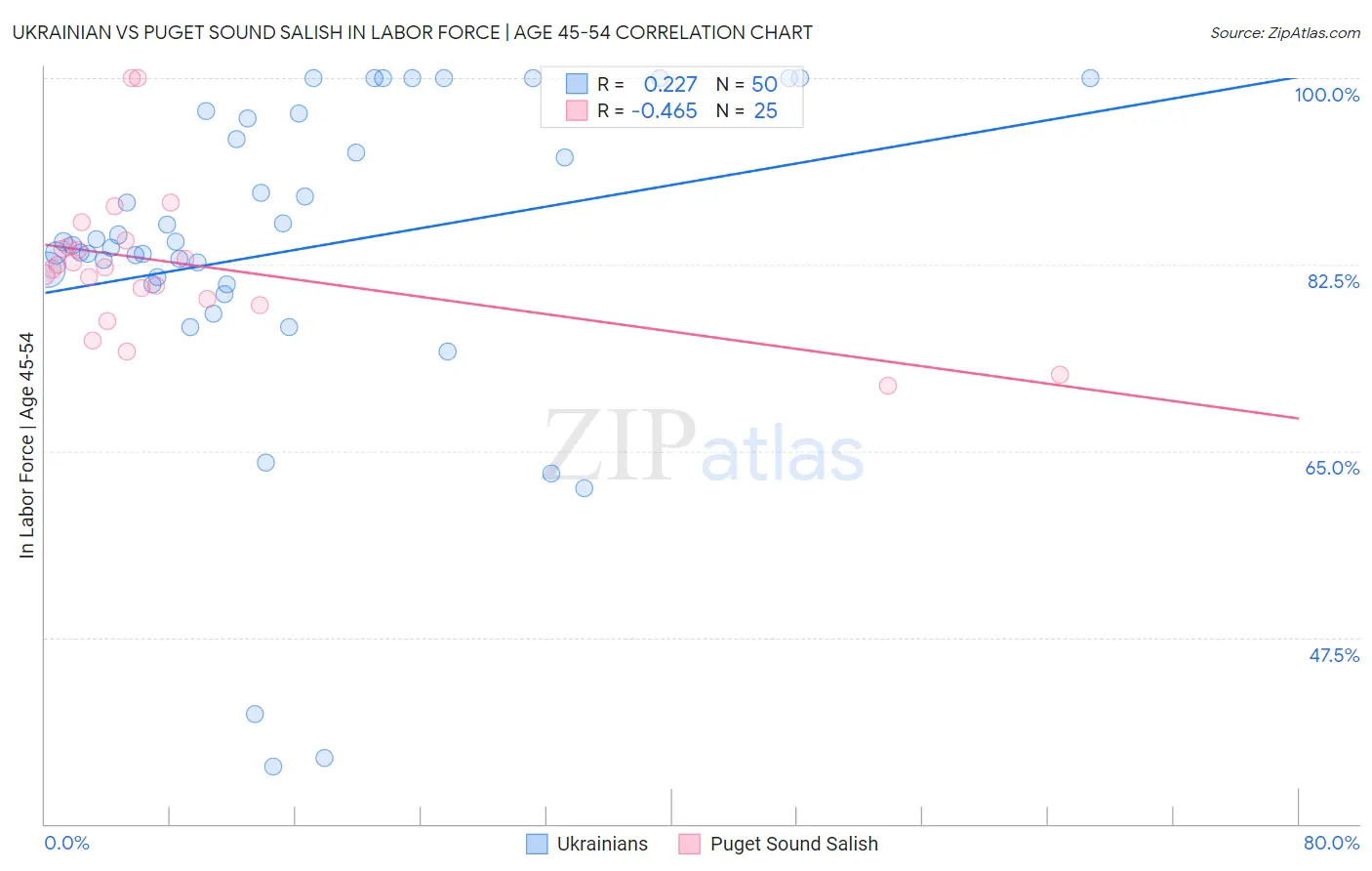 Ukrainian vs Puget Sound Salish In Labor Force | Age 45-54