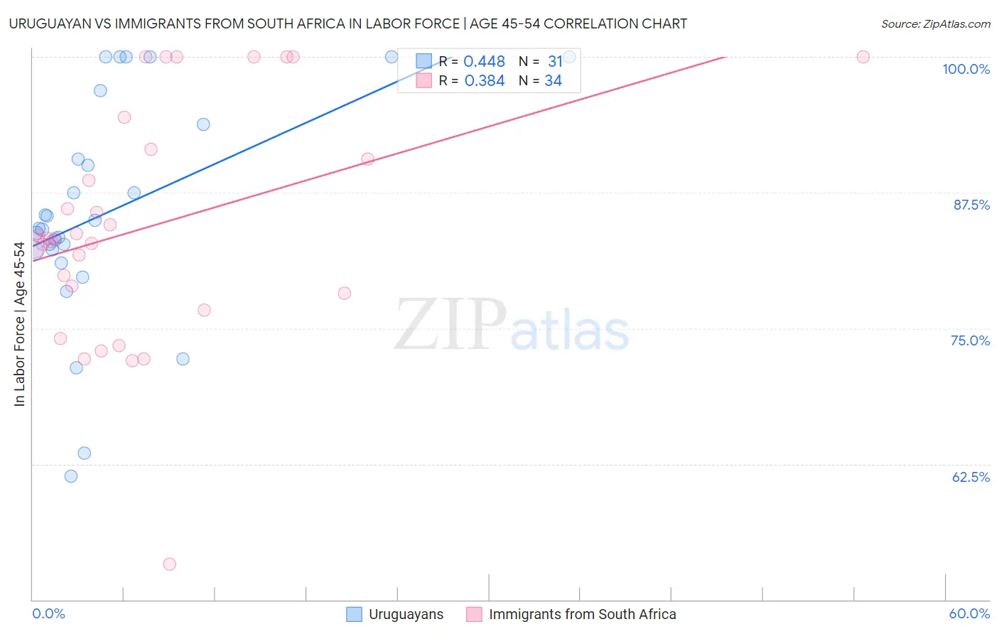 Uruguayan vs Immigrants from South Africa In Labor Force | Age 45-54
