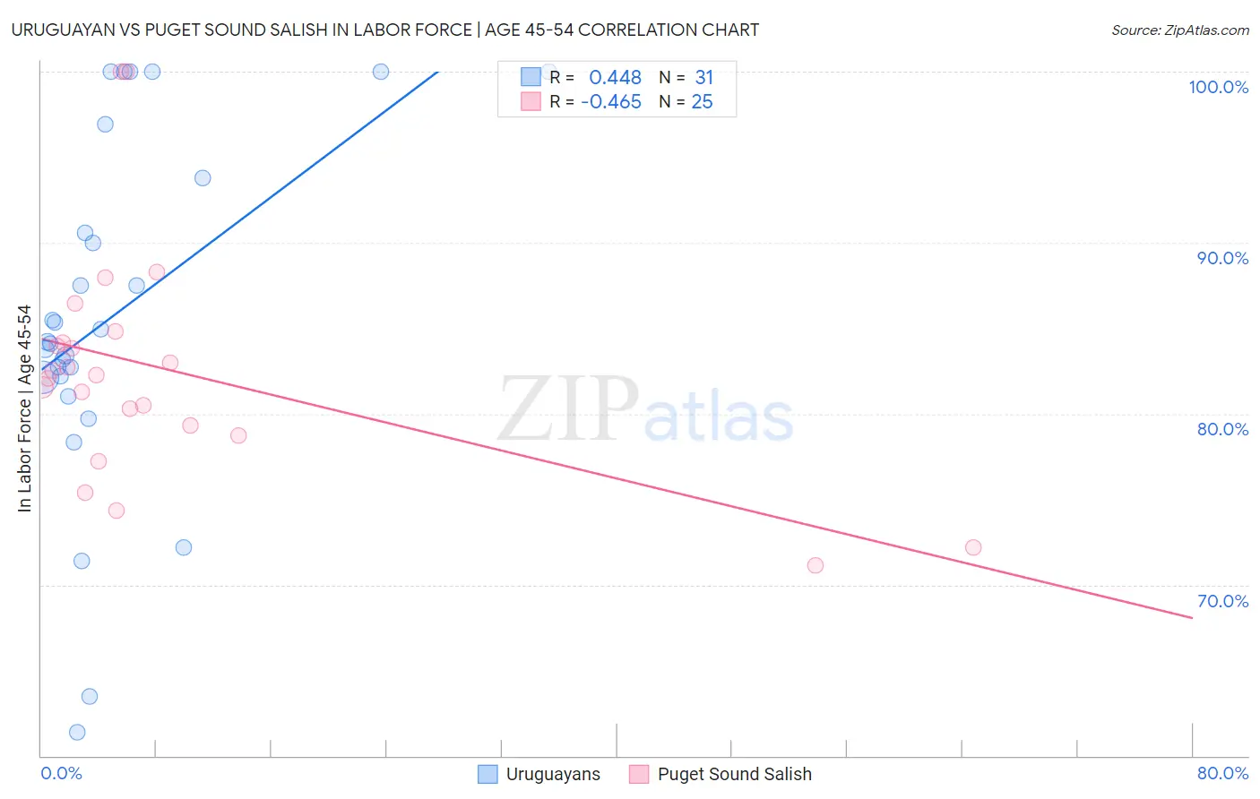 Uruguayan vs Puget Sound Salish In Labor Force | Age 45-54