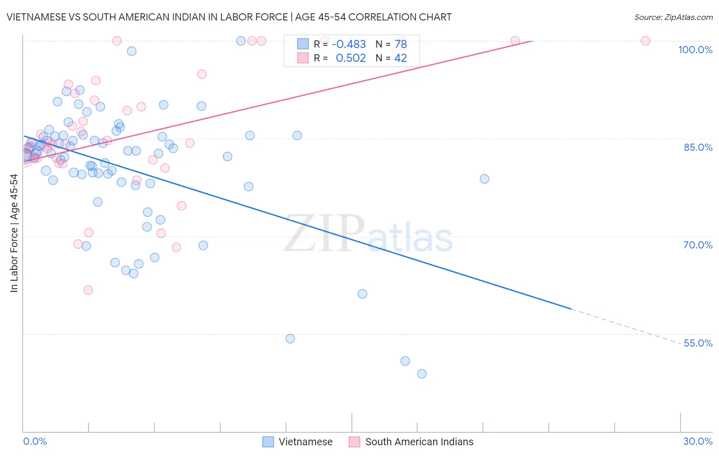 Vietnamese vs South American Indian In Labor Force | Age 45-54