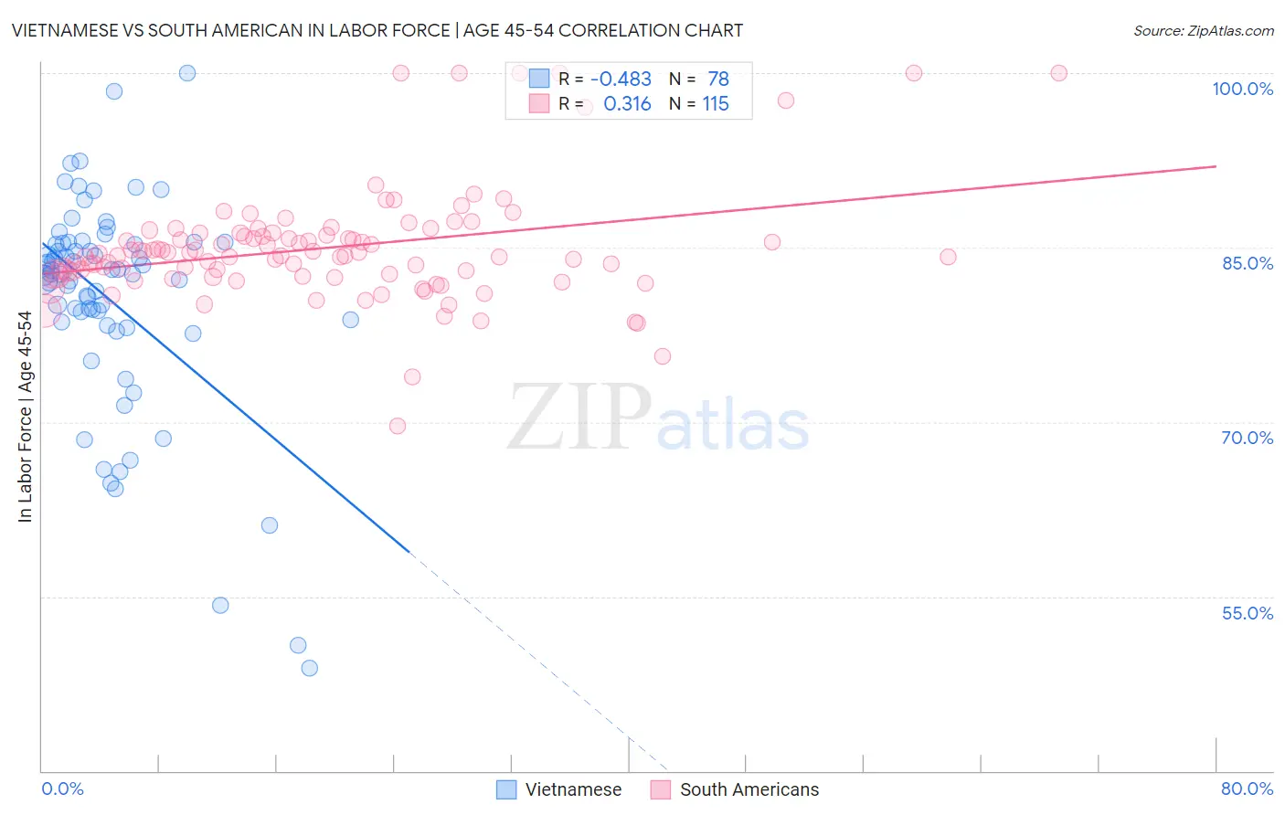 Vietnamese vs South American In Labor Force | Age 45-54