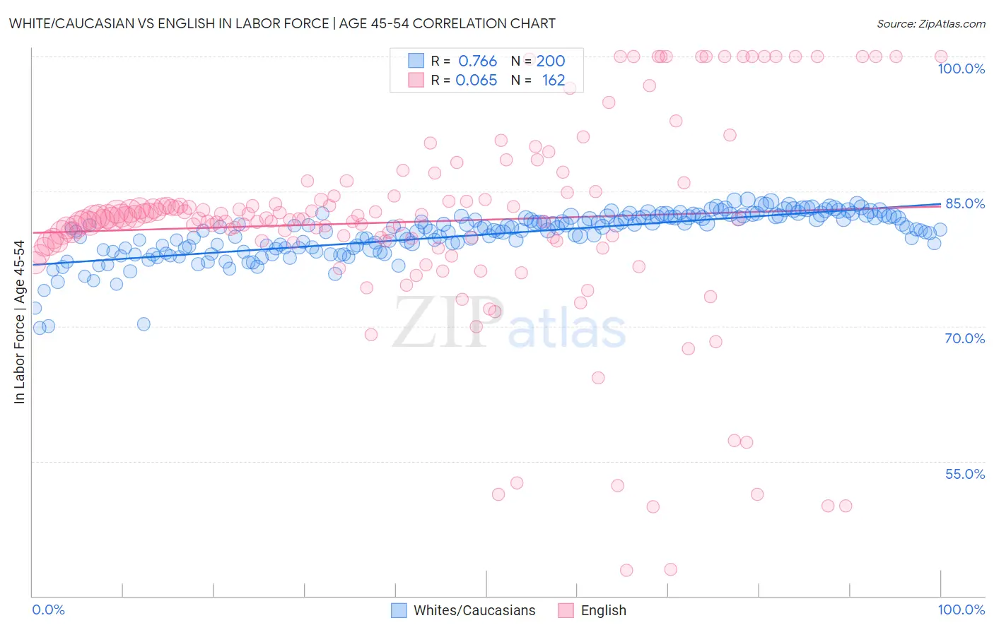 White/Caucasian vs English In Labor Force | Age 45-54